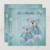 ヴィンテージボタン、レース&テディベアズベビーの散水 招待状 (正面/裏面)