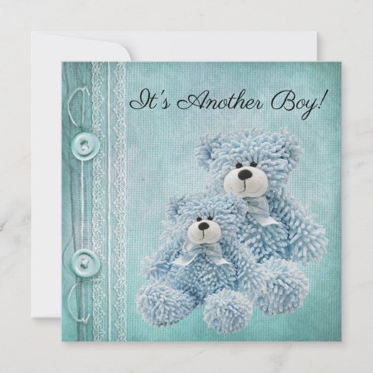 ヴィンテージボタン、レース&テディベアズベビーの散水 招待状 (正面)