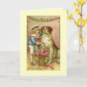 ヴィンテージボビクトリアンーイ/ドッグ誕生日グリーティングカード カード (黄色い花)