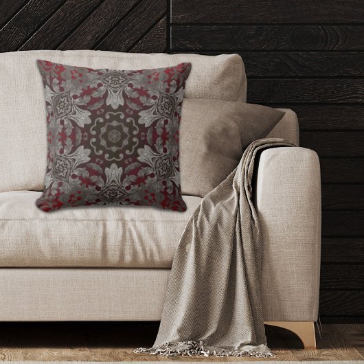 ヴィンテージボヘミアン・ブルゴーニュ赤いグレーの黒いパターン クッション