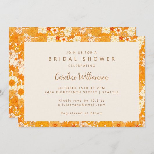 ヴィンテージボホオレンジフローラかわいいブライダルシャワー 招待状 (正面/裏面)