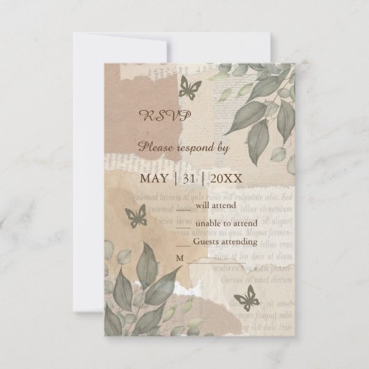 ヴィンテージボホシックな緑結婚草 出欠カード (正面)