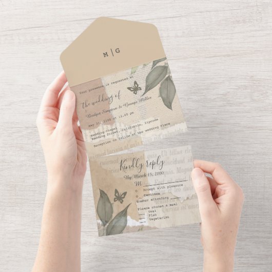 ヴィンテージボホシック結婚グリネリーモノグラム オールインワン招待状 (貼ってはがせる)