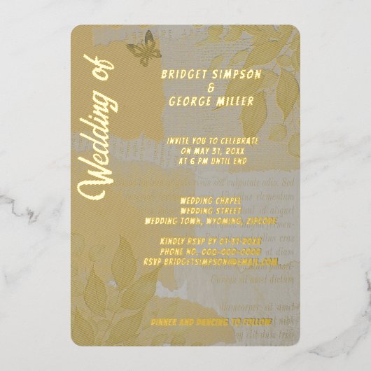 ヴィンテージボホシック結婚グリーン金ゴールド 箔招待状 (正面)