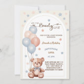 ヴィンテージボホテディベアブルーピンクバルーズシャワー 招待状 (正面)