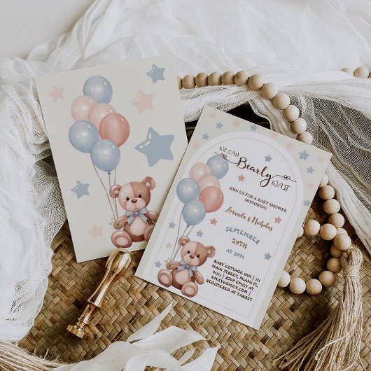 ヴィンテージボホテディベアブルーピンクバルーズシャワー 招待状