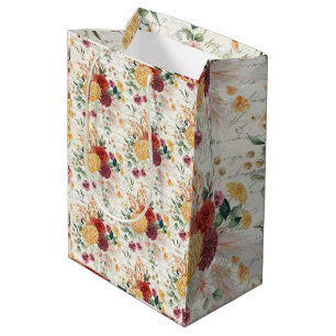 ヴィンテージボホパンパスフローラアンティーク手書き  ミディアムペーパーバッグ