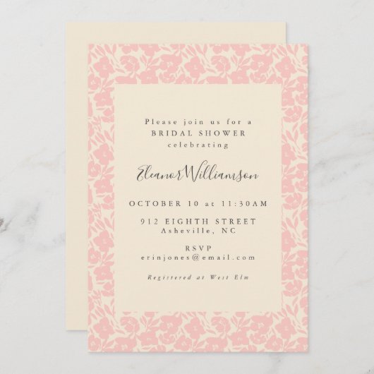ヴィンテージボホピンクフローラエレガントブライダルシャワー 招待状 (正面/裏面)