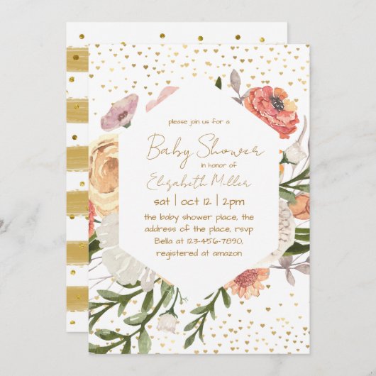ヴィンテージボホフラワーベビーイン開花ベビーシャワー 招待状 (正面/裏面)