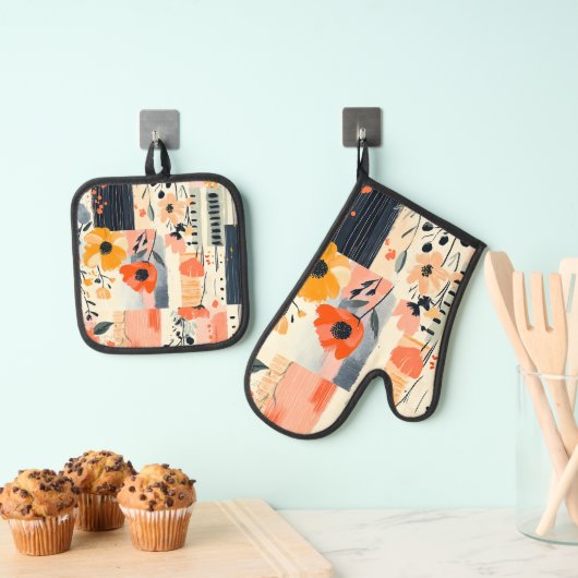 ヴィンテージボホフローラパッチワーク 鍋つかみ&鍋敷きセット (インサイチュ (吊り下げ))