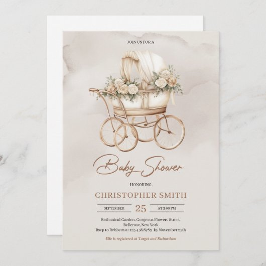 ヴィンテージボホベビーキャリッジ中性セージフローラ 招待状 (正面/裏面)