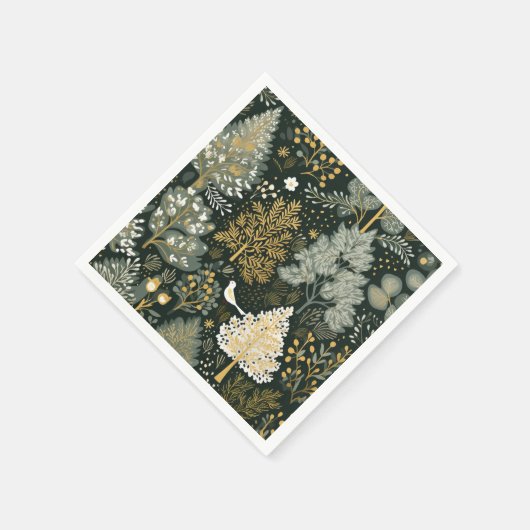 ヴィンテージボホホワイトグリーン金ゴールドクリスマスツリー スタンダードカクテルナプキン (角)