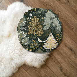 ヴィンテージボホホワイトグリーン金ゴールドクリスマスツリー ラウンドクッション