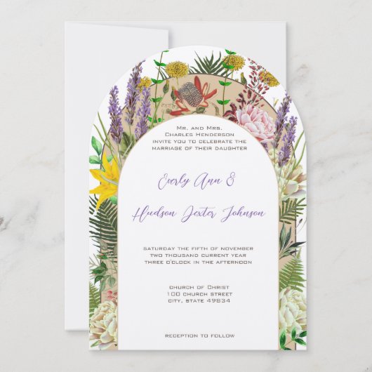 ヴィンテージボホワイルドフラワーファーンパープルイエローフローラ 招待状 (正面)