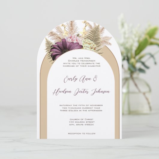 ヴィンテージボホワイルドフラワーファーンパープルイエローフローラ 招待状 (スタンド正面)