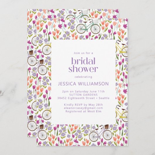 ヴィンテージボホー自転車フローラブライダルシャワー 招待状 (正面/裏面)