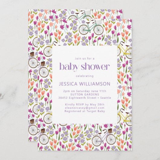 ヴィンテージボホ自転車フローラベビーシャワー 招待状 (正面/裏面)