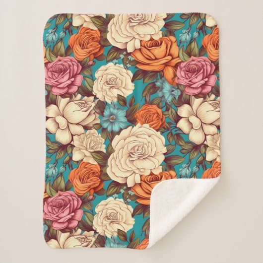 ヴィンテージボホ花模様、ターコイズクリームボタニカル シェルパブランケット (正面)