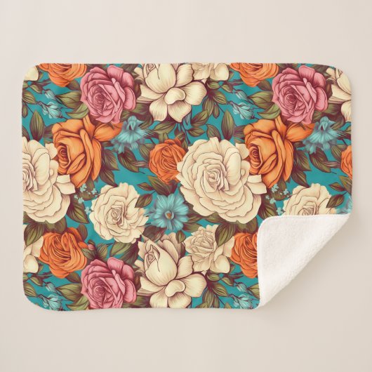 ヴィンテージボホ花模様、ターコイズクリームボタニカル シェルパブランケット (正面(横))