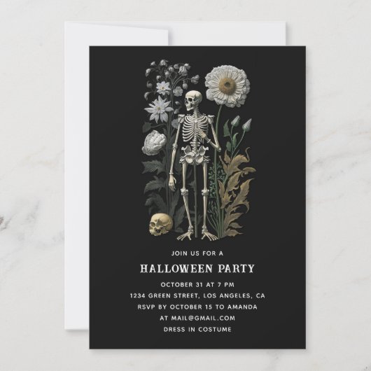 ヴィンテージボホ魔法フローラブラックスケルトンハロウィーン 招待状 (正面)