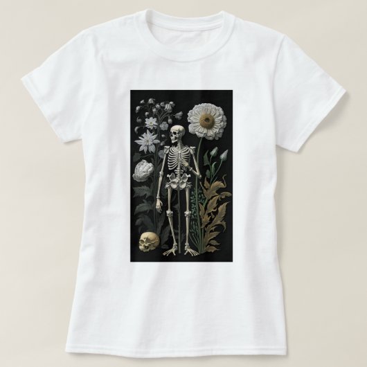 ヴィンテージボホ魔法神秘的なフローラ骨格の黒 Tシャツ (デザイン正面)