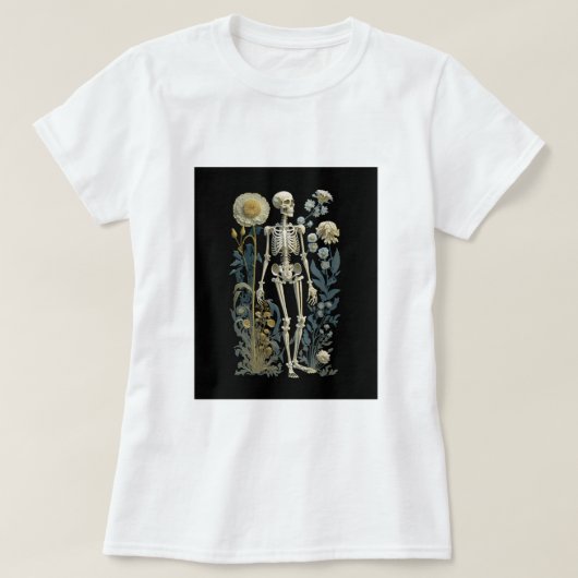 ヴィンテージボホ魔法神秘的なフローラ骨格の黒 Tシャツ (デザイン正面)
