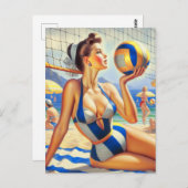 ヴィンテージボレーガールイラストレーション ポストカード (正面/裏面)
