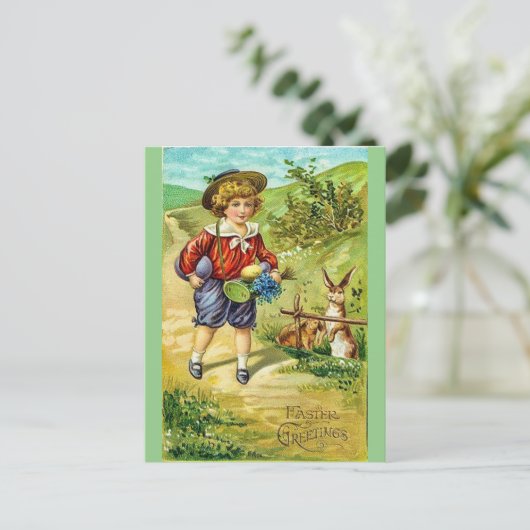 ヴィンテージボーイとバニーイースターの挨拶はがき ポストカード (スタンド正面)