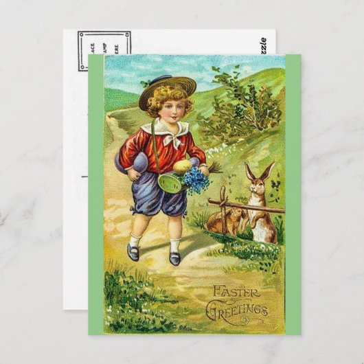 ヴィンテージボーイとバニーイースターの挨拶はがき ポストカード (正面/裏面)