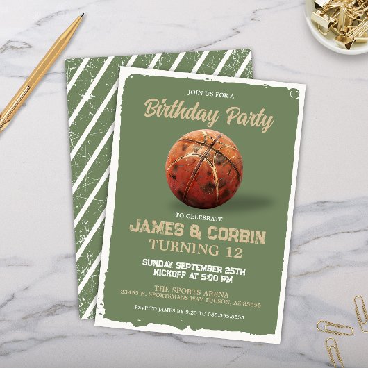 ヴィンテージボーイズバスケットボールツーパーソン誕生日パーティー 招待状