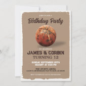 ヴィンテージボーイズバスケットボールテーマデュアルバースデーパーティー 招待状 (正面)