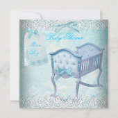 ヴィンテージボーイベビーシャワーブルーレースクリブ 招待状 (正面)