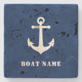 ヴィンテージボートいかりブルーのボート名 ストーンコースター (正面)