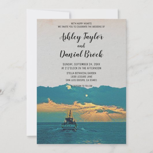 ヴィンテージボートの航海の夕日の結婚式 招待状 (正面)
