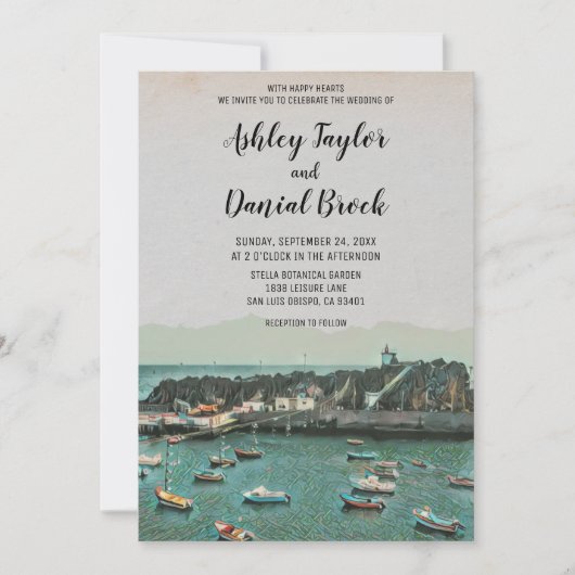 ヴィンテージボート島の夏の目的地の結婚式 招待状 (正面)