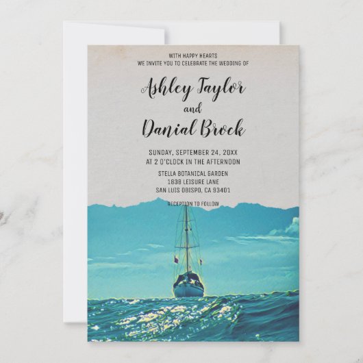 ヴィンテージボート海軍ブルー波の目的地の結婚式 招待状 (正面)