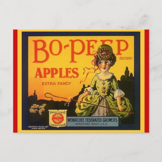 ヴィンテージボーピープアンドシープファンシーリンゴポストカード ポストカード (正面)