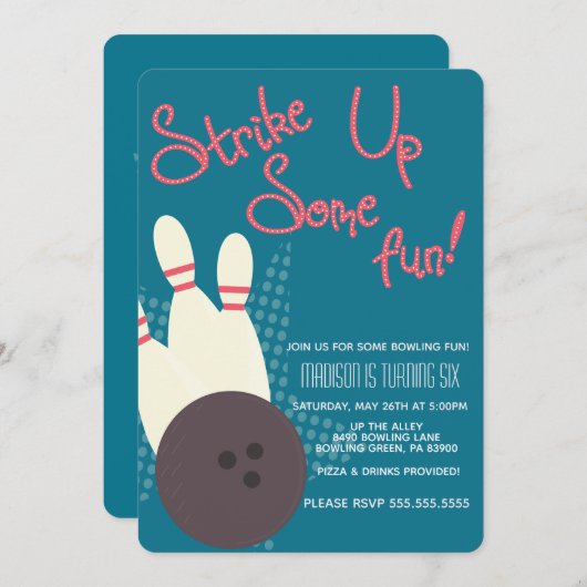 ヴィンテージボーリングパーティー誕生日パーティー 招待状 (正面/裏面)