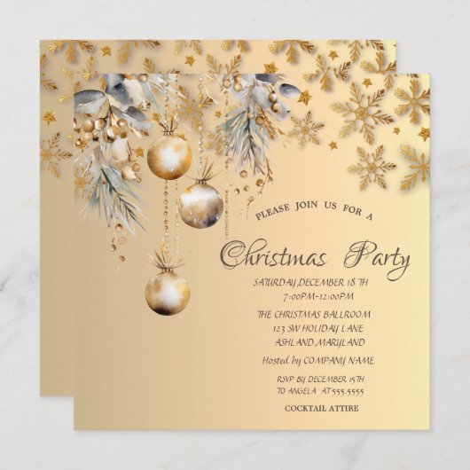 ヴィンテージボール金ゴールドスノーフレーク企業のクリスマス 招待状 (正面/裏面)