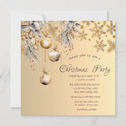 ヴィンテージボール金ゴールドスノーフレーク企業のクリスマス 招待状 (正面)