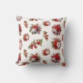 ヴィンテージポインセチアとホリークリスマスホワイト クッション (正面)