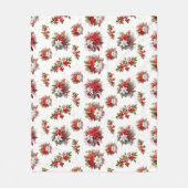 ヴィンテージポインセチアとホリークリスマスホワイト フリースブランケット (正面)