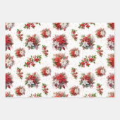 ヴィンテージポインセチアとホリークリスマスホワイト ラッピングペーパーシート (正面2)