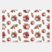 ヴィンテージポインセチアとホリークリスマスホワイト ラッピングペーパーシート (正面)