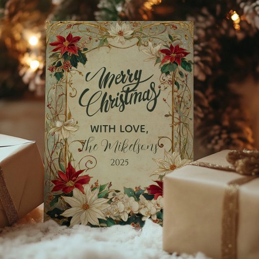 ヴィンテージポインセチアとホリークリスマス シーズンカード