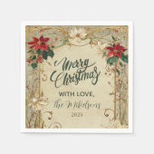 ヴィンテージポインセチアとホリークリスマス スタンダードカクテルナプキン (正面)