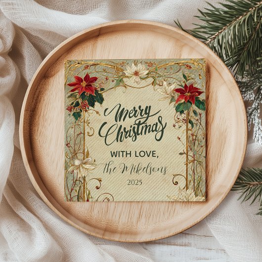 ヴィンテージポインセチアとホリークリスマス スタンダードカクテルナプキン