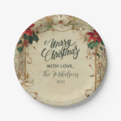 ヴィンテージポインセチアとホリークリスマス ペーパープレート (正面)