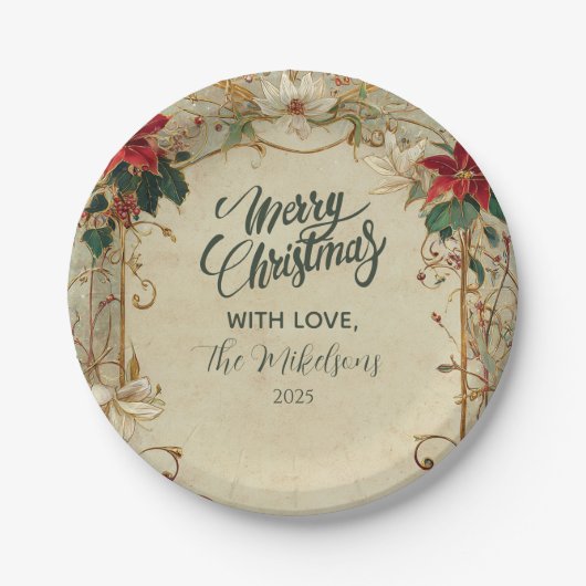 ヴィンテージポインセチアとホリークリスマス ペーパープレート (正面)