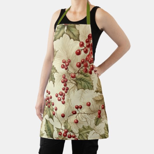 ヴィンテージポインセチアと果実パターンクリスマス エプロン (インサイチュ)